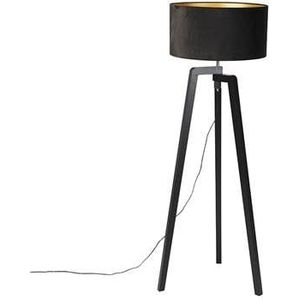 QAZQA Vloerlamp tripod zwart hout met zwarte kap 50 cm - Puros
