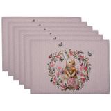 Clayre & Eef Placemats Set van 6 48x33 cm Wit Roze Katoen Rechthoek Konijn Bloemen Tafelmat