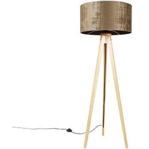 QAZQA Vloerlamp hout met stoffen kap bruin 50 cm - Tripod Classic