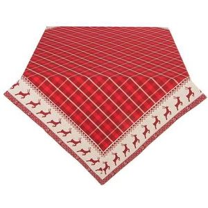 Clayre & Eef Vierkant Tafelkleed Kerst 150x150 cm Rood Beige Katoen Vierkant Herten en Kerst Tafellaken