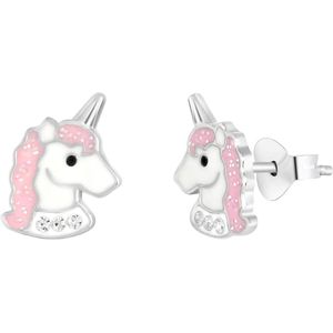 Zilveren kinderoorknoppen unicorn emaille