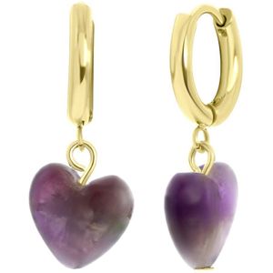 Stalen goldplated oorbellen met hartje amethyst