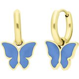 Stalen goldplated oorbellen met vlinder lichtblauw