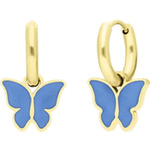 Stalen goldplated oorbellen met vlinder lichtblauw