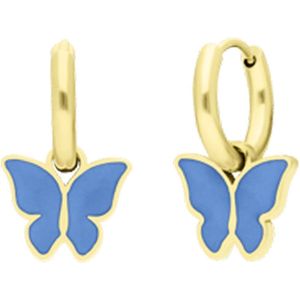 Lucardi Kinder Stalen goldplated oorbellen met vlinder lichtblauw - Oorbellen - Staal - Goudkleurig