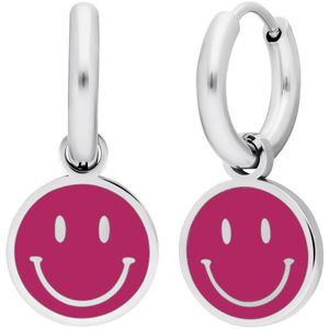 Stalen oorbellen met smiley fuchsia