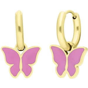 Stalen goldplated oorbellen met vlinder roze