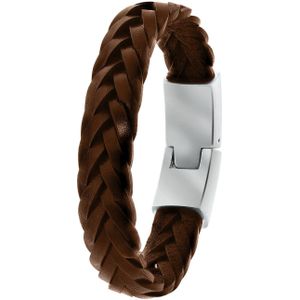 Lucardi Heren Armband gevlochten leer bruin - Leer - Armband - Cadeau - 19 cm - Zwart