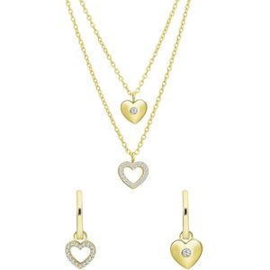 Zilveren goldplated set ketting en oorbellen hart