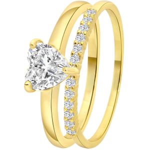 Lucardi Dames Dubbele ring met zirkonia hart - Ring - Cadeau - Echt Zilver - Goudkleurig