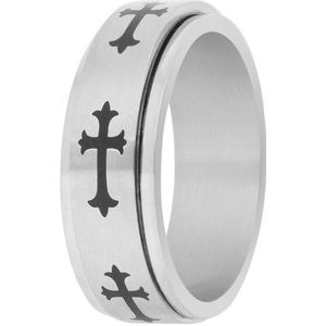 Lucardi Heren Gerecycled stalen anxiety ring met zwart kruis - Ring - Staal - Zilverkleurig - 22 / 69 mm