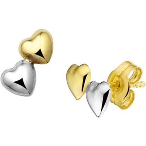 Lucardi Dames Bicolor oorbellen dubbel hart - Oorbellen - Cadeau - 14 Karaat Goud - Geelgoud en Witgoud