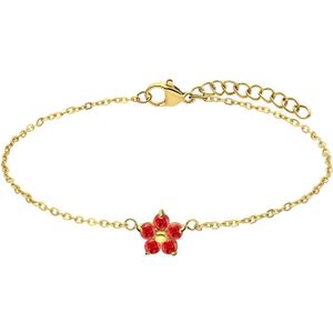 Stalen goldplated armband bloem met zirkonia rood