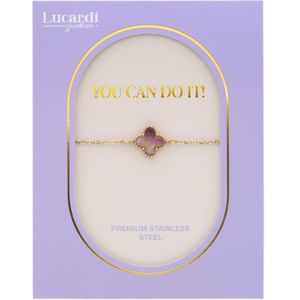 Succes wensen cadeau - Stalen goldplated armband met amethyst op kaartje