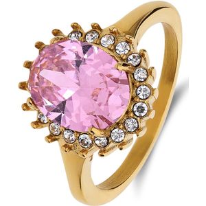 Stalen goldplated vintage ring met roze zirkonia