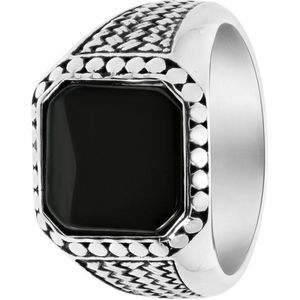 Lucardi Heren Zegelring Bewerkt met Black Agate - Ring - Cadeau - Staal - Zilverkleurig