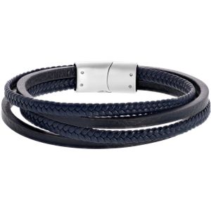 Stalen herenarmband donkerblauw gevlochten leer