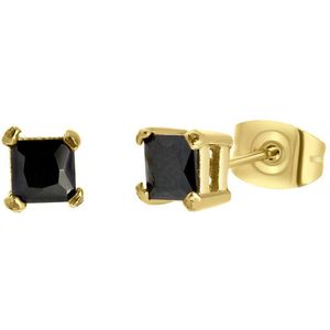 Gerecycled stalen oorbellen gold met vierkante zirkonia 4mm