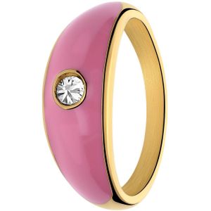 Stalen goldplated ring roze emaille met zirkonia
