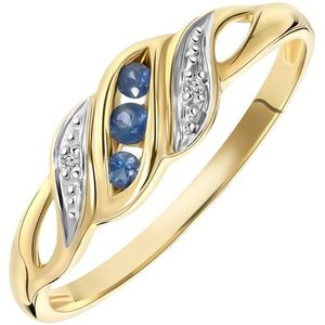 14 karaat geelgouden ring met saffier en diamant 0,11ct