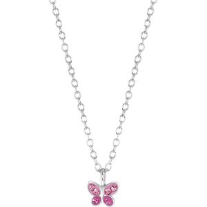 Zilveren kinderketting vlinder roze kristal