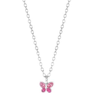 Zilveren kinderketting vlinder roze kristal