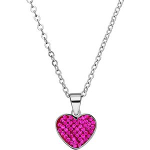 Stalen ketting hart met kristal fuchsia