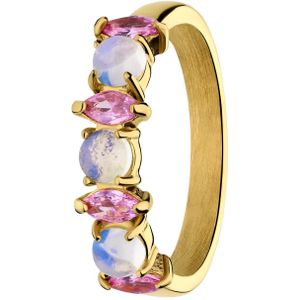 Stalen goldplated vintage ring met opaal en roze zirkonia