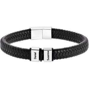 Stalen herenarmband kunstleer 2namen