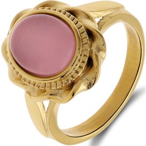 Stalen goldplated vintage ring met bloem roze