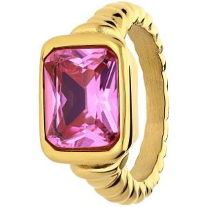 Stalen goldplated vintage ring met roze zirkonia