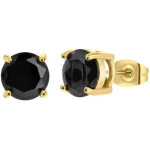 Gerecycled stalen oorbellen gold met zwarte zirkonia rond 8mm