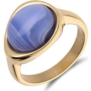 Stalen goldplated ring met blue lace agaat ovaal