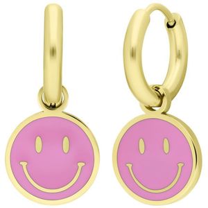 Stalen goldplated oorbellen met smiley roze