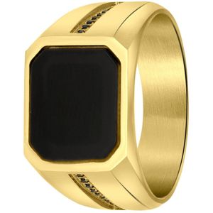 Lucardi Heren Goldplated Zegelring Zwart - Ring - Cadeau - Staal - Goudkleurig