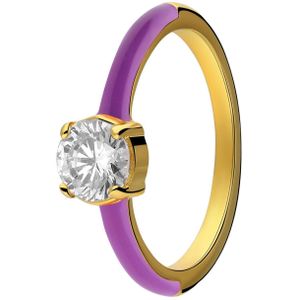 Stalen goldplated ring met paarse emaille en zirkonia