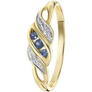 14 karaat geelgouden ring met saffier en diamant 0,11ct