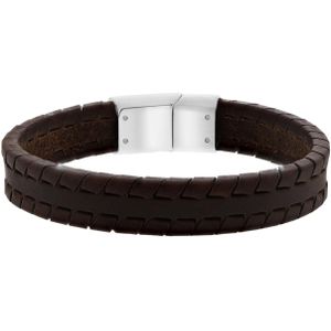 Lucardi Heren Armband leer donker bruin 12mm - Leer - Armband - Cadeau - 22 cm - Zilverkleurig