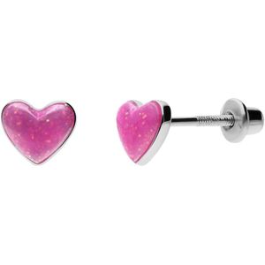 Zilveren oorknoppen met roze hartje