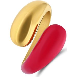 Stalen goldplated ring met roze emaille
