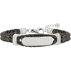 Gerecycled stalen plaatarmband leer grijs met kristal