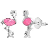 Zilveren oorknop flamingo emaille roze