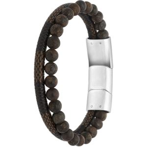 Stalen herenarmband leer en steen bruin