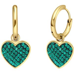 Stalen goldplated oorbellen hart kristal emerald