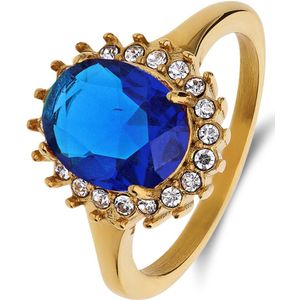 Stalen goldplated vintage ring met blauw zirkonia