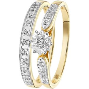 14 karaat geelgouden dubbele ring 20 diamanten 0,10ct