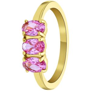 Stalen goldplated vintage ring met drie roze zirkonia