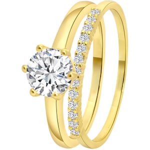 Lucardi Dames Goldplated dubbele ring met zirkonia - Ring - Cadeau - Echt Zilver - Goudkleurig