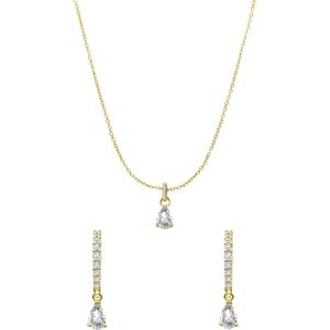 Zilveren goldplated set ketting en oorringen druppel zirkonia