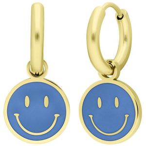 Stalen goldplated oorbellen met smiley lichtblauw